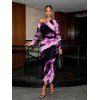 Vacation Couple Outfit Abstract Brush Stroke Print Mesh Skew Neck Bodycon Dress and Long Sleeve Shirt Set - Pourpre S | US 4