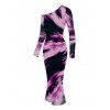 Vacation Couple Outfit Abstract Brush Stroke Print Mesh Skew Neck Bodycon Dress and Long Sleeve Shirt Set - Pourpre S | US 4