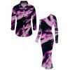 Vacation Couple Outfit Abstract Brush Stroke Print Mesh Skew Neck Bodycon Dress and Long Sleeve Shirt Set - Pourpre S | US 4