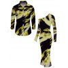 Vacation Couple Outfit Abstract Brush Stroke Print Mesh Skew Neck Bodycon Dress and Long Sleeve Shirt Set - Jaune S | US 4