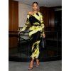 Vacation Couple Outfit Abstract Brush Stroke Print Mesh Skew Neck Bodycon Dress and Long Sleeve Shirt Set - Jaune S | US 4