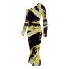 Vacation Couple Outfit Abstract Brush Stroke Print Mesh Skew Neck Bodycon Dress and Long Sleeve Shirt Set - Jaune S | US 4