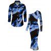 Vacation Couple Outfit Abstract Brush Stroke Print Mesh Skew Neck Bodycon Dress and Long Sleeve Shirt Set - Bleu S | US 4