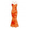 Hawaiian Vacation Couple Outfit Lily Floral Print Crisscross Ruched Mesh Bodycon Dress and Short Sleeve Shirt Set - Orange S | US 4