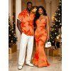 Hawaiian Vacation Couple Outfit Lily Floral Print Crisscross Ruched Mesh Bodycon Dress and Short Sleeve Shirt Set - Orange S | US 4