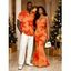 Hawaiian Vacation Couple Outfit Lily Floral Print Crisscross Ruched Mesh Bodycon Dress and Short Sleeve Shirt Set - Orange S | US 4