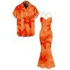 Hawaiian Vacation Couple Outfit Lily Floral Print Crisscross Ruched Mesh Bodycon Dress and Short Sleeve Shirt Set - Orange S | US 4