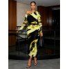 Vacation Dress Abstract Brush Stroke Print Mesh Skew Neck Long Sleeve Bodycon Dress - Jaune XXL | US 14