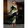 Vacation Dress Abstract Brush Stroke Print Mesh Skew Neck Long Sleeve Bodycon Dress - Vert M | US 6