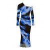 Vacation Dress Abstract Brush Stroke Print Mesh Skew Neck Long Sleeve Bodycon Dress - Bleu XXL | US 14