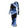 Vacation Dress Abstract Brush Stroke Print Mesh Skew Neck Long Sleeve Bodycon Dress - Bleu XXL | US 14