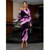 Vacation Dress Abstract Brush Stroke Print Mesh Skew Neck Long Sleeve Bodycon Dress - Pourpre S | US 4