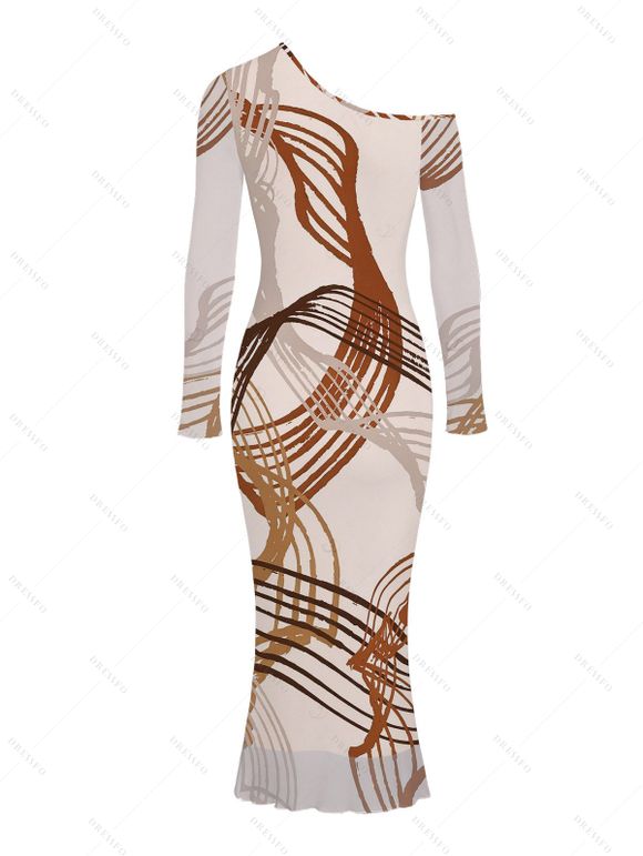 Vintage Party Dress Abstract Line Print Mesh Panel Skew Neck Long Sleeve Bodycon Dress - Abricot M | US 6