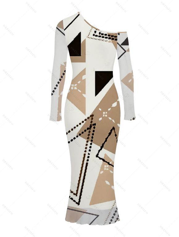Elegant Party Dress Colorblock Geometric Print Mesh Panel Skew Neck Bodycon Dress - Blanc XL | US 12