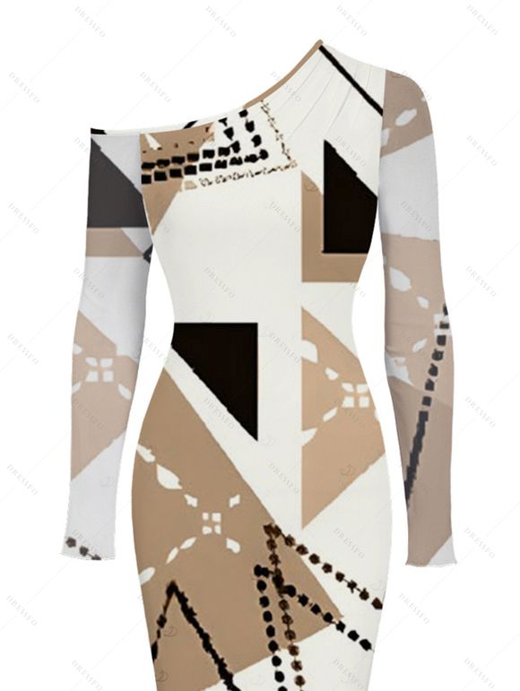 Elegant Party Dress Colorblock Geometric Print Mesh Panel Skew Neck Bodycon Dress - Blanc XL | US 12