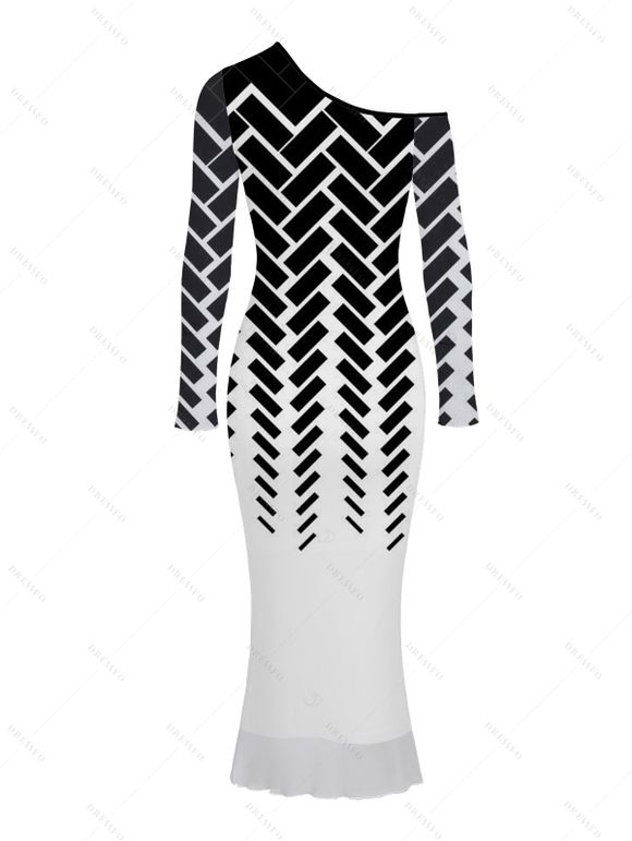 Elegant Party Dress Monochrome Herringbone Geometric Print Mesh Panel Skew Neck Bodycon Dress - Noir M | US 6