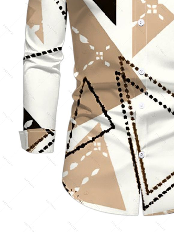 Men's Casual Shirt Colorblock Geometric Print Button Up Long Sleeve Shirt - Blanc M