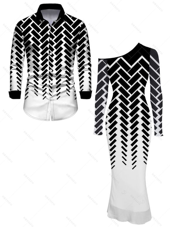 Winter Couple Outfit Monochrome Herringbone Geometric Print Mesh Panel Skew Neck Bodycon Dress and Long Sleeve Shirt Set - Noir S | US 4