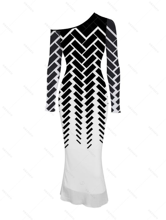 Winter Couple Outfit Monochrome Herringbone Geometric Print Mesh Panel Skew Neck Bodycon Dress and Long Sleeve Shirt Set - Noir S | US 4