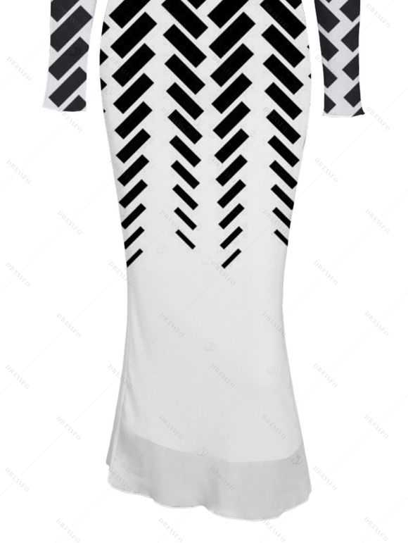 Winter Couple Outfit Monochrome Herringbone Geometric Print Mesh Panel Skew Neck Bodycon Dress and Long Sleeve Shirt Set - Noir S | US 4