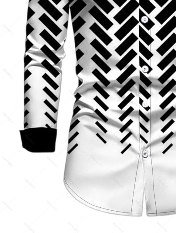 Men's Casual Shirt Monochrome Herringbone Geometric Print Button Up Long Sleeve Shirt - Noir M