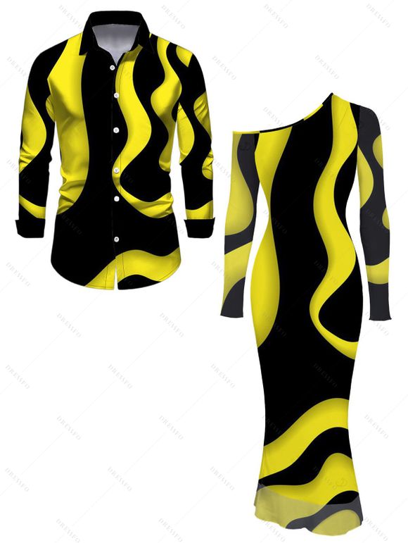 Winter Couple Outfit Contrast Color Wave Curve Print Mesh Panel Skew Neck Bodycon Dress and Long Sleeve Shirt Set - Noir S | US 4