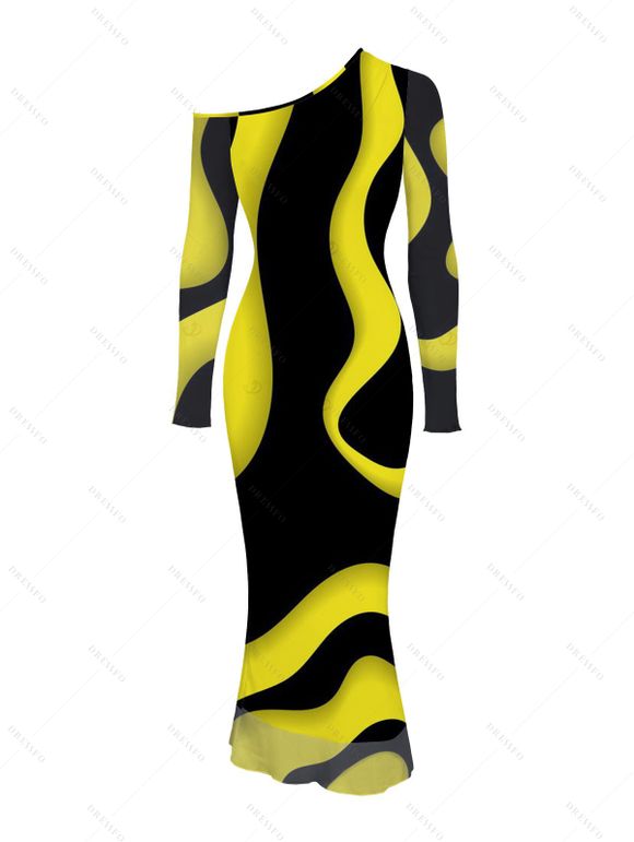 Winter Couple Outfit Contrast Color Wave Curve Print Mesh Panel Skew Neck Bodycon Dress and Long Sleeve Shirt Set - Noir S | US 4
