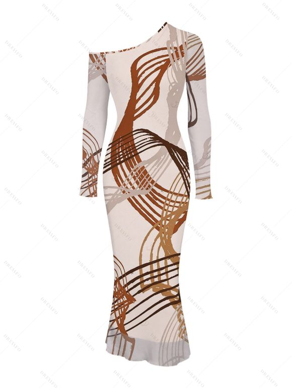 Vintage Couple Outfit Abstract Line Print Mesh Panel Skew Neck Bodycon Dress and Long Sleeve Shirt Set - Abricot S | US 4