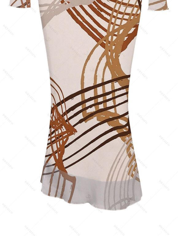 Vintage Couple Outfit Abstract Line Print Mesh Panel Skew Neck Bodycon Dress and Long Sleeve Shirt Set - Abricot S | US 4