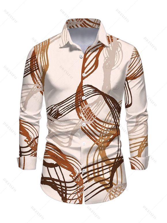 Vintage Couple Outfit Abstract Line Print Mesh Panel Skew Neck Bodycon Dress and Long Sleeve Shirt Set - Abricot S | US 4