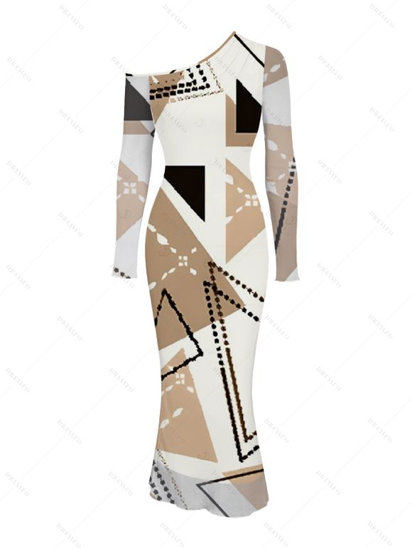 Winter Couple Outfit Colorblock Geometric Print Mesh Panel Skew Neck Bodycon Dress and Long Sleeve Shirt Set - Blanc S | US 4