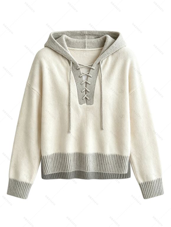 Casual Hooded Sweater Colorblock Lace Up Long Sleeve Pullover Sweater with Hood - Abricot XL | US 12