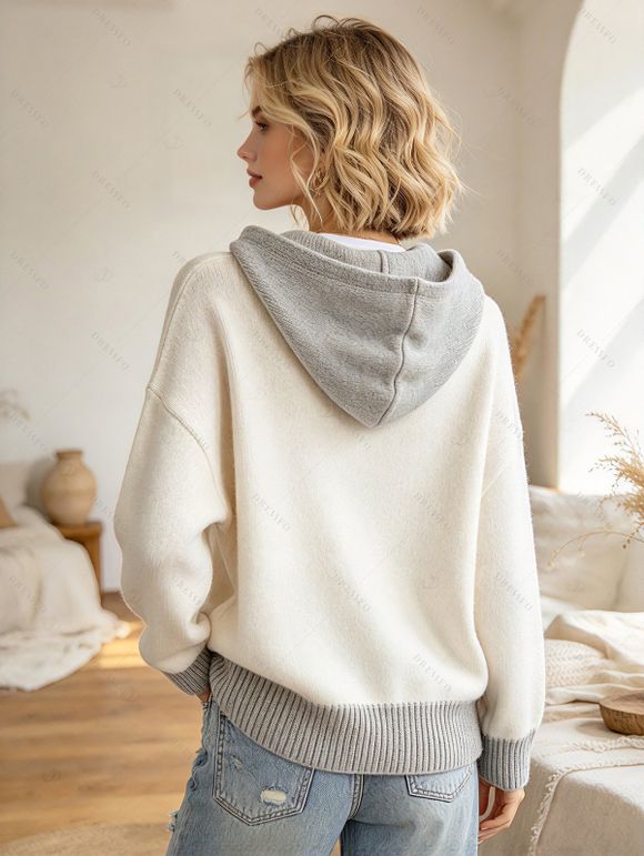 Casual Hooded Sweater Colorblock Lace Up Long Sleeve Pullover Sweater with Hood - Abricot XL | US 12