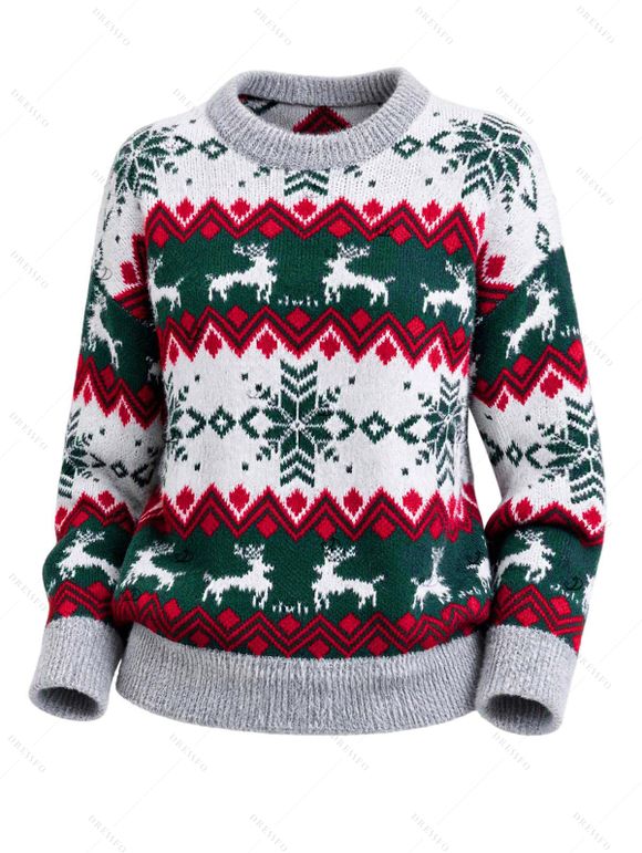 Christmas Sweater Elk Zig Zag Snowflake Print Long Sleeve Pullover Sweater - multicolor S | US 4