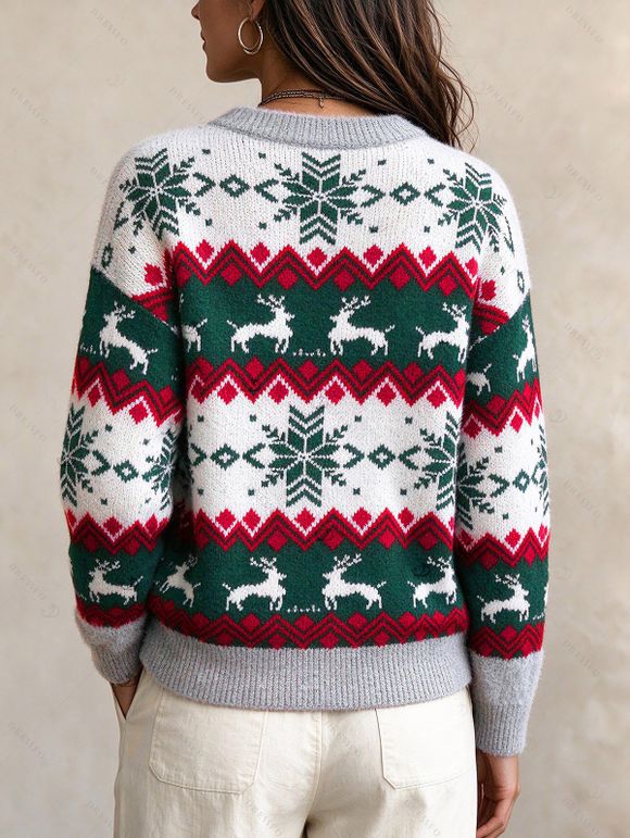 Christmas Sweater Elk Zig Zag Snowflake Print Long Sleeve Pullover Sweater - multicolor S | US 4