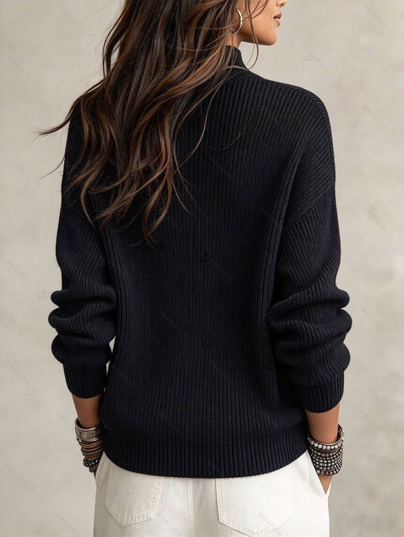 Solid Color Sweater Mock Neck Textured Asymmetrical Hem Long Sleeve Sweater - Noir M | US 6