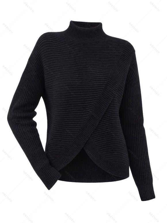 Solid Color Sweater Mock Neck Textured Asymmetrical Hem Long Sleeve Sweater - Noir M | US 6