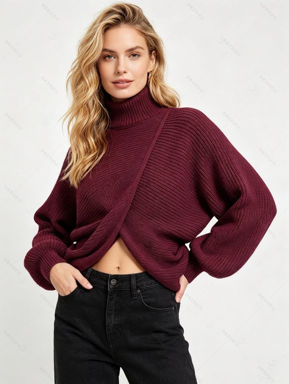 Solid Color Sweater Turtleneck Lantern Sleeve Asymmetric Twisted Hem Pullover Sweater - Rouge Vineux XL | US 12