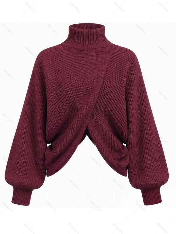 Solid Color Sweater Turtleneck Lantern Sleeve Asymmetric Twisted Hem Pullover Sweater - Rouge Vineux XL | US 12