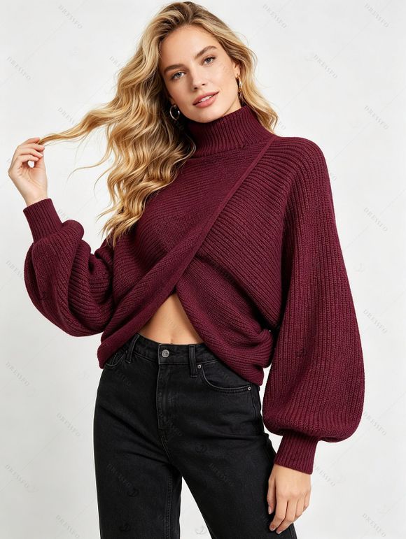 Solid Color Sweater Turtleneck Lantern Sleeve Asymmetric Twisted Hem Pullover Sweater - Rouge Vineux XL | US 12