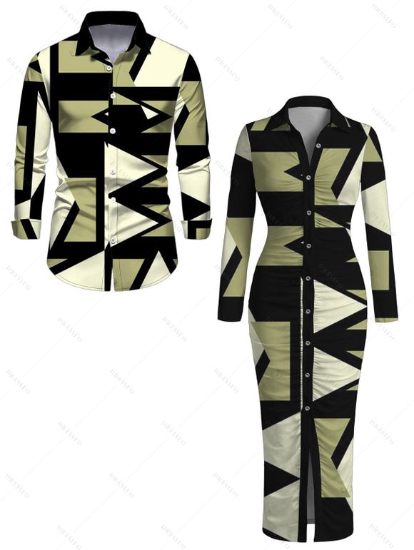Daily Vintage Couple Outfit Geometric Colorblock Print Ruched Turn Down Collar Bodycon Shirt Dress and Long Sleeve Shirt Set - Noir S | US 4
