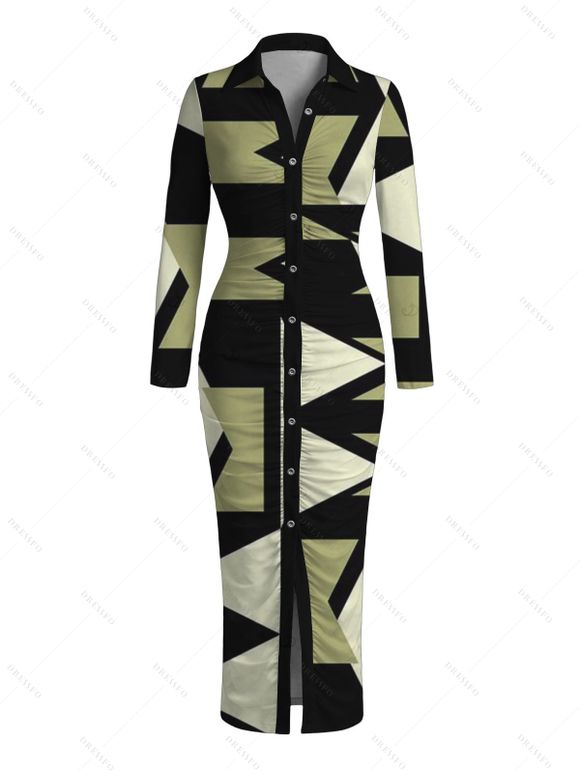 Daily Vintage Couple Outfit Geometric Colorblock Print Ruched Turn Down Collar Bodycon Shirt Dress and Long Sleeve Shirt Set - Noir S | US 4