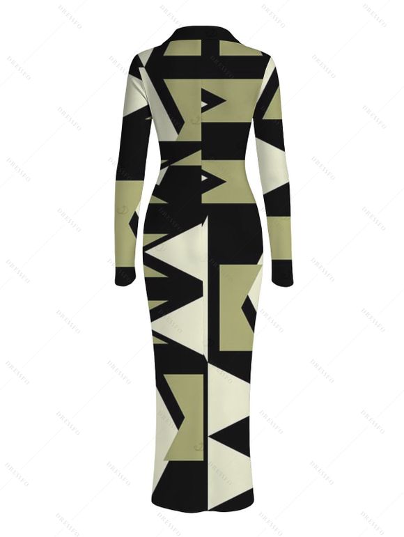 Daily Vintage Couple Outfit Geometric Colorblock Print Ruched Turn Down Collar Bodycon Shirt Dress and Long Sleeve Shirt Set - Noir S | US 4