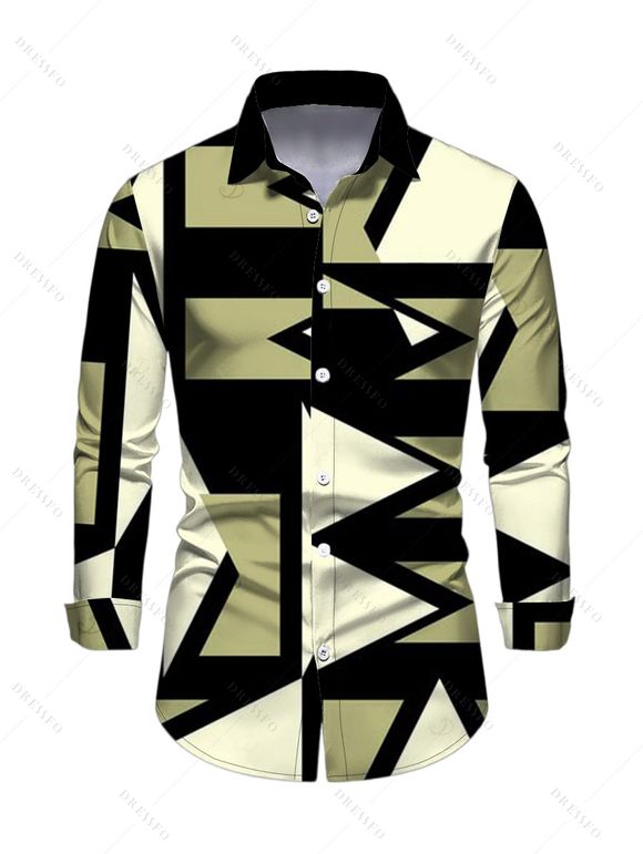 Daily Vintage Couple Outfit Geometric Colorblock Print Ruched Turn Down Collar Bodycon Shirt Dress and Long Sleeve Shirt Set - Noir S | US 4
