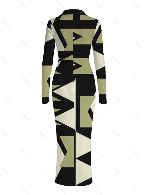 Commute Vintage Shirt Dress Geometric Colorblock Print Ruched Turn Down Collar Bodycon Dress - Noir M | US 6