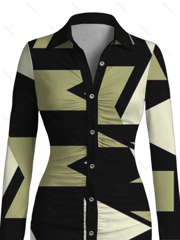 Commute Vintage Shirt Dress Geometric Colorblock Print Ruched Turn Down Collar Bodycon Dress - Noir M | US 6