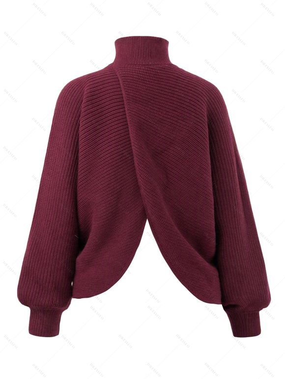 Solid Color Sweater Turtleneck Lantern Sleeve Asymmetric Twisted Hem Pullover Sweater - Rouge Vineux XL | US 12