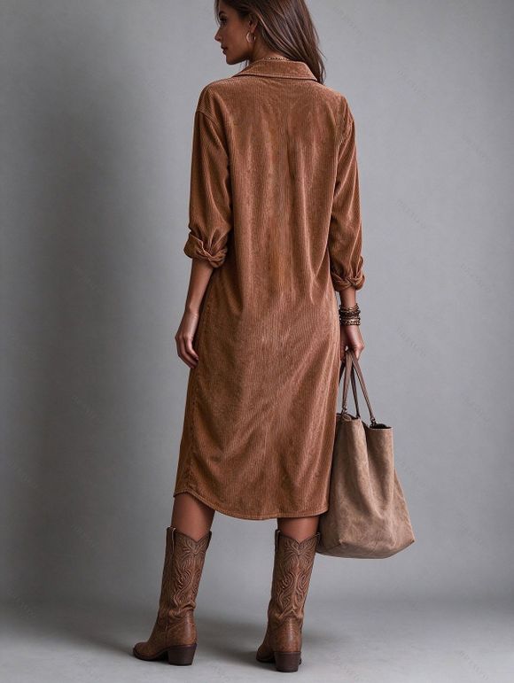 Corduroy Shirt Dress Solid Color Turn Down Collar Loose Dress - Brun S | US 4