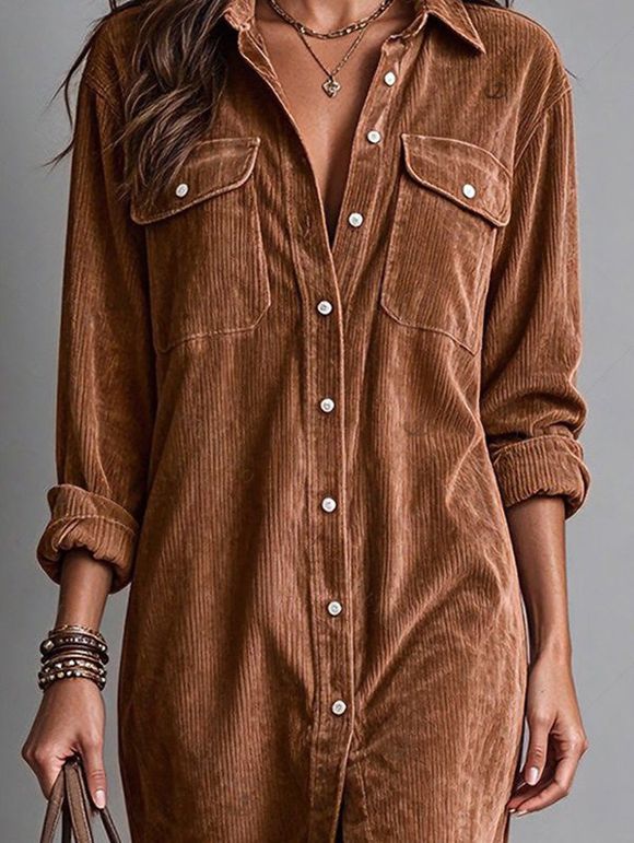 Corduroy Shirt Dress Solid Color Turn Down Collar Loose Dress - Brun S | US 4