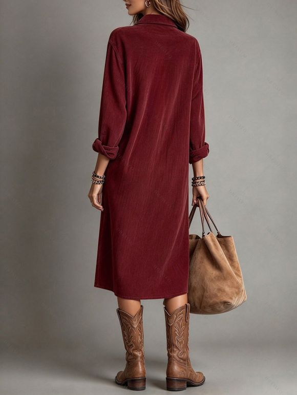 Corduroy Shirt Dress Solid Color Turn Down Collar Loose Dress - Rouge Vineux L | US 8-10